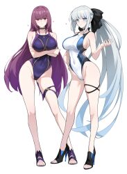 Rule 34 | 2girls, alternate costume, black footwear, blue eyes, blue one-piece swimsuit, breasts, commission, competition swimsuit, crossed arms, fate/grand order, fate (series), hair ornament, halcon, hand on own hip, heart, high heels, highres, large breasts, long hair, looking at viewer, morgan le fay (fate), multiple girls, one-piece swimsuit, purple hair, purple one-piece swimsuit, red eyes, scathach (fate), skeb commission, smile, swimsuit, thigh strap, thighs, toeless footwear, very long hair, white background, white hair