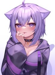 Rule 34 | 1girl, :p, absurdres, animal ears, bad id, bad twitter id, black choker, breasts, cat ears, cat girl, cat tail, choker, cleavage, commentary request, deaver, highres, hololive, hololive gamers, jacket, looking at viewer, medium breasts, nekomata okayu, nekomata okayu (1st costume), purple eyes, purple hair, purple jacket, solo, tail, tongue, tongue out, upper body, virtual youtuber