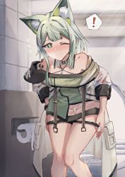 Rule 34 | !, 1girl, animal ear fluff, animal ears, arknights, bare shoulders, bathroom, black panties, blush, breasts, breath, cleavage, closed mouth, coat, collar, collarbone, detached collar, dress, embarrassed, failure, female focus, flying sweatdrops, fox ears, fox girl, green dress, green eyes, green hair, have to pee, highres, indoors, kal&#039;tsit (arknights), knees together feet apart, leaning forward, light rays, long hair, looking down, material growth, medium breasts, nose blush, off shoulder, one eye closed, open clothes, open coat, oripathy lesion (arknights), panties, panty pull, pee, peeing, pocket, pulled by self, revision, rune (dualhart), see-through, see-through dress, see-through sleeves, short dress, sidelocks, solo, speech bubble, split mouth, spoken exclamation mark, standing, sweat, tile wall, tiles, toilet, toilet paper, toilet use, underwear, watch, white coat, wince, wristwatch