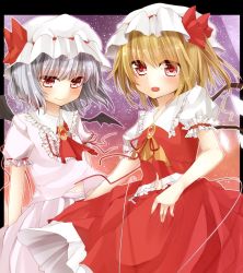 Rule 34 | 2girls, ascot, bad id, bad pixiv id, bat wings, blonde hair, bow, female focus, flandre scarlet, hair bow, harachi mei, hat, hat bow, highres, jewelry, multiple girls, puffy sleeves, red eyes, remilia scarlet, short hair, short sleeves, siblings, side ponytail, silver hair, sisters, smile, touhou, wings