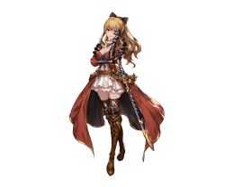 Rule 34 | 10s, 1girl, belt, black bow, black thighhighs, blonde hair, boots, bow, breasts, brown footwear, cleavage, cross-laced footwear, dress, empty eyes, full body, gauntlets, granblue fantasy, hair between eyes, hair bow, hand on own face, knee pads, lace, lace-trimmed dress, lace-up boots, lace trim, long hair, minaba hideo, official art, open mouth, orange eyes, ponytail, purple ribbon, ribbon, sheath, sheathed, short dress, shoulder pads, sidelocks, smile, solo, standing, sword, thighhighs, transparent background, vira (granblue fantasy), weapon, zettai ryouiki
