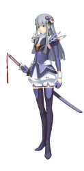 Rule 34 | 1girl, absurdres, akane (ar tonelico), ar tonelico, ar tonelico iii, blue thighhighs, boots, brown eyes, detached sleeves, female focus, full body, gloves, grey hair, gust, hair ornament, highres, legs, long hair, nagi ryou, official art, shorts, simple background, solo, standing, sword, thigh boots, thighhighs, weapon, white background