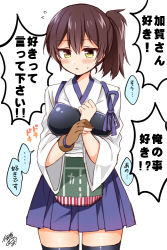 Rule 34 | 10s, 1girl, black thighhighs, blush, brown hair, confession, flying sweatdrops, gloves, japanese clothes, kaga (kancolle), kantai collection, looking at viewer, muneate, partially fingerless gloves, partly fingerless gloves, personification, short hair, short ponytail, side ponytail, simple background, single glove, skirt, solo, sweatdrop, tasuki, thighhighs, translation request, tsukudani norio, white background, yugake, zettai ryouiki