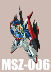Rule 34 | absurdres, blue eyes, brown background, clenched hand, flying, gun, gundam, highres, holding, holding gun, holding shield, holding weapon, ishiyumi, mecha, mecha focus, mobile suit, robot, shield, solo, v-fin, weapon, zeta gundam, zeta gundam (mobile suit)