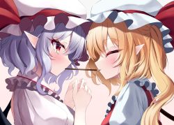 Rule 34 | 2girls, absurdres, blonde hair, blush, closed eyes, flandre scarlet, food, from side, hat, hat ribbon, highres, mob cap, multiple girls, one side up, pocky, pocky kiss, pointy ears, purple hair, red eyes, red ribbon, remilia scarlet, ribbon, s vileblood, shared food, short hair, siblings, simple background, sisters, touhou, upper body, white background, white headwear, yuri