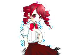 Rule 34 | 1girl, aged down, atlus, bad id, bad pixiv id, blush, bow, child, drill hair, hokoro, kirijou mitsuru, long hair, looking at viewer, open mouth, persona, persona 3, puffy short sleeves, puffy sleeves, red eyes, red hair, school uniform, short sleeves, simple background, skirt, solo