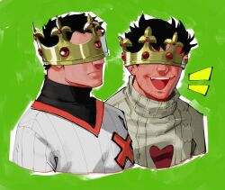 Rule 34 | 2boys, absurdres, arms at sides, baseball uniform, black hair, black shirt, closed mouth, covered eyes, crown, green background, grey sweater, happy, highres, male focus, matty (radicallymaxton), multiple boys, off (game), open mouth, shirt, short hair, sparse stubble, sportswear, sweater, teeth, the batter (off), upper teeth only, zacharie (off)