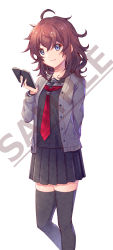 Rule 34 | 1girl, black sailor collar, black shirt, black skirt, black thighhighs, blue eyes, book, brown hair, cardigan, closed mouth, feet out of frame, grey cardigan, hair between eyes, hand up, highres, holding, holding book, ittokyu, long hair, looking at viewer, open cardigan, open clothes, original, pleated skirt, red neckwear, sailor collar, sample watermark, shirt, simple background, skirt, smile, solo, standing, thighhighs, watermark, white background