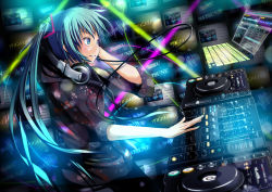 Rule 34 | 1girl, audio visualizer, black hoodie, blue eyes, blue hair, blue nails, blush, boru (ochagashi), character name, commentary request, computer, copyright name, cowboy shot, dj, hair ornament, hatsune miku, headphones, headphones around neck, highres, hood, hood down, hoodie, laptop, long hair, looking afar, mixing console, nail polish, parted lips, phonograph, smile, solo, soundboard, television, turntable, twintails, very long hair, vocaloid