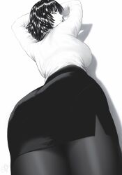 Rule 34 | 1girl, absurdres, arms up, ass, black hair, black pantyhose, black thighhighs, breasts, from below, fubuki (one-punch man), highres, huge ass, large breasts, long sleeves, looking at viewer, looking down, mature female, monochrome, mostlybluewyatt, office lady, one-punch man, pantyhose, pencil skirt, shadow, shirt, short hair, simple background, skirt, solo, thighhighs, white background, white shirt