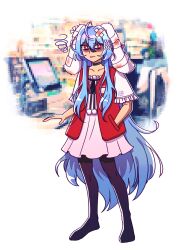 Rule 34 | 1girl, ahoge, alterexian, animal ears, auchan, bandages, black choker, black pantyhose, black ribbon, blood, bloody bandages, blue hair, choker, collarbone, dress, hair between eyes, hand in pocket, highres, indie virtual youtuber, light blue hair, long hair, lop rabbit ears, pantyhose, para (vtuber), pom pom (clothes), rabbit ears, rectangular mouth, red eyes, red vest, ribbon, shaded face, short sleeves, sidelocks, squiggle, twitter username, very long hair, vest, white dress