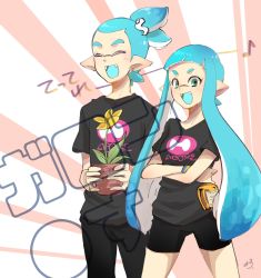 Rule 34 | 1boy, 1girl, :d, aqua hair, aqua tongue, bike shorts, black pants, black shirt, black shorts, blunt bangs, closed eyes, commentary request, cowboy shot, crossed arms, earrings, fangs, flower, flower pot, flower request, green eyes, hair ornament, highres, holding, inkling, inkling (language), inkling boy, inkling girl, inkling player character, jewelry, logo, long hair, looking at viewer, musical note, nintendo, noshiro (svnxyg), open mouth, pants, pointy ears, print shirt, quarter note, shirt, short hair, shorts, smile, splatoon (series), splatoon 1, standing, t-shirt, topknot, translation request