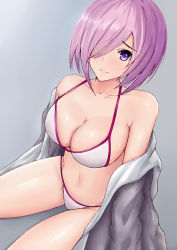 Rule 34 | 1girl, bikini, breasts, cleavage, commentary request, cowboy shot, fate/grand order, fate (series), grey background, grey jacket, hair over one eye, haruyuki (karem), highres, jacket, large breasts, mash kyrielight, official alternate costume, open clothes, open jacket, purple eyes, purple hair, short hair, sitting, solo, swimsuit, white bikini