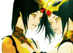 Rule 34 | 2girls, bad link, bare shoulders, black hair, breasts, cleavage, hair ornament, jian tai (cuoyu0), large breasts, league of legends, leblanc (league of legends), looking at viewer, makeup, medium breasts, multiple girls, open mouth, short hair, simple background, smile, upper body, white background, yellow eyes