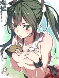 Rule 34 | 10s, 1girl, blush, character name, gloves, green eyes, green hair, hair ribbon, highres, kantai collection, long hair, matching hair/eyes, ribbon, single glove, solo, super zombie, torn clothes, twintails, twitter username, wavy mouth, zuikaku (kancolle)