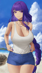 Rule 34 | 1girl, bare shoulders, beach, blue shorts, blue sky, bracelet, braid, breasts, choker, cleavage, collarbone, denim, denim shorts, genshin impact, highres, jewelry, large breasts, long hair, looking at viewer, low-braided long hair, low-tied long hair, mole, mole under eye, nail polish, necklace, purple eyes, purple hair, raiden shogun, shore, short shorts, shorts, sky, smile, solo, tank top, thighs, very long hair, white tank top, zaphn