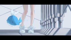 Rule 34 | 1girl, arona (blue archive), blue archive, bonsai 403, highres, legs, letterboxed, lower body, railing, shoes, sneakers, solo, whale, white footwear