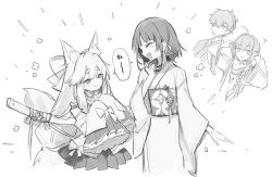 Rule 34 | 1boy, 1other, 2girls, ?, animal ear fluff, animal ears, blush, closed mouth, facing another, fate/samurai remnant, fate (series), fox ears, fox tail, greyscale, japanese clothes, jitome, kimono, long hair, long sleeves, looking at another, miyamoto iori (fate), monochrome, multiple girls, ogasawara kaya, open mouth, pleated skirt, sash, short hair, simple background, skirt, sleeve bow, sleeves past fingers, sleeves past wrists, smile, speech bubble, sword, tail, tamamo (fate), tamamo aria (fate), weapon, weapon on back, wide sleeves, yamato takeru (fate), yuui1994