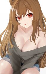 Rule 34 | 1girl, :p, absurdres, alternate costume, animal ears, arknights, bare shoulders, binware, black sweater, blue shorts, breasts, brown hair, casual, ceobe (arknights), cleavage, closed mouth, collarbone, dog ears, highres, large breasts, long hair, off-shoulder sweater, off shoulder, red eyes, short shorts, shorts, simple background, sitting, solo, sweater, tongue, tongue out, very long hair, white background
