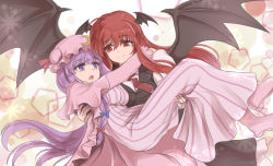 Rule 34 | 2girls, :o, black vest, blue bow, bow, breasts, capelet, carrying, closed mouth, commentary, crescent, crescent pin, demon wings, dress, eye contact, flower (symbol), hair bow, hat, hat ribbon, head wings, highres, koakuma, large breasts, long hair, long sleeves, looking at another, mob cap, multiple girls, namiki (remiter00), necktie, open mouth, patchouli knowledge, pentagon (shape), pink capelet, pink footwear, pink robe, princess carry, purple eyes, red bow, red eyes, red hair, red neckwear, red ribbon, ribbon, robe, shirt, smile, striped clothes, striped dress, touhou, very long hair, vest, white shirt, wings, yuri