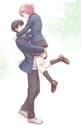 Rule 34 | 1boy, 1girl, ^ ^, black hair, black pants, black skirt, black socks, blazer, blue jacket, blush, bob cut, brown footwear, carrying, closed eyes, collared shirt, cross-laced footwear, dress shirt, flower, full body, hair between eyes, hair ornament, hairclip, highres, jacket, kazama ryouta, kneehighs, loafers, long sleeves, necktie, open clothes, open jacket, open mouth, outstretched arms, pants, protagonist (tokimemo gs4), red necktie, school uniform, shirt, shoe soles, shoes, short hair, skirt, sneakers, socks, standing, sweater vest, tokimeki memorial, tokimeki memorial girl&#039;s side 4th heart, ttnk gc19, unbuttoned, untucked shirt, white background, white shirt, yellow flower