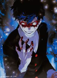 Rule 34 | 1boy, bishounen, black hair, blood, blood on face, blood on hands, btmr game, commentary, commentary request, domino mask, highres, long sleeves, looking at viewer, male focus, mask, original, persona, persona 5, shirt, simple background, smile, solo, upper body, yellow eyes