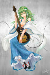 Rule 34 | 1girl, bad id, bad pixiv id, bare shoulders, blue skirt, breasts, cleavage, detached sleeves, electric guitar, frog hair ornament, full body, green eyes, green hair, grey background, guitar, hair ornament, hair tubes, instrument, johnalay, kochiya sanae, long hair, long skirt, matching hair/eyes, no bra, open clothes, sandals, signature, skirt, solo, tabi, touhou, wide sleeves