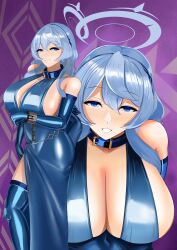 Rule 34 | ako (blue archive), ako (dress) (blue archive), blue archive, blue eyes, blue hair, breasts, collar, halo, large breasts, long glove, naughty face, smile, thighhighs