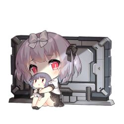 Rule 34 | 2girls, :o, against wall, behind cover, black footwear, black ribbon, black sailor collar, black skirt, blush, blush stickers, bow, brown dress, carrying, carrying person, chibi, covered mouth, defense fairy (girls&#039; frontline), dress, fairy (girls&#039; frontline), full body, girls&#039; frontline, grey hair, hair bow, hair ribbon, hug, looking at viewer, looking up, multiple girls, official art, puffy short sleeves, puffy sleeves, red eyes, ribbon, sailor collar, saru, scared, school uniform, shadow, shirt, short hair, short sleeves, simple background, sitting, skirt, slit pupils, third-party source, transparent background, wall, white bow, white shirt, | |