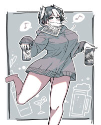 Rule 34 | 1girl, absurdres, bare legs, beer mug, black eyes, black hair, bottle, can, cup, drinking glass, highres, holding, holding can, looking at viewer, made in abyss, mikiji, mug, multicolored hair, musical note, ozen, shot glass, snack, solo, speech bubble, sweater, two-tone hair, white hair