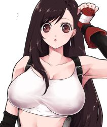 Rule 34 | 1990s (style), 1girl, armpits, bare shoulders, breasts, brown eyes, brown hair, female focus, final fantasy, final fantasy vii, fingerless gloves, gloves, jako (toyprn), large breasts, long hair, midriff, red gloves, retro artstyle, simple background, solo, square enix, suspenders, tank top, tifa lockhart, white background