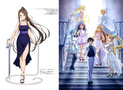 Rule 34 | 2boys, 5girls, ;d, absurdres, alice zuberg, asuna (sao), backless dress, backless outfit, backlighting, black hair, black legwear, black vest, blonde hair, blue dress, blue eyes, blue hair, blue necktie, blue ribbon, braid, braided ponytail, breasts, brown eyes, brown hair, choker, cleavage, closed mouth, collarbone, collared shirt, copyright name, dress, eugeo, floating hair, full body, green eyes, grey shirt, hair ornament, hair ribbon, hairclip, hand in pocket, high heels, high ponytail, highres, holding, holding sword, holding weapon, holding whip, jacket, kirito, large breasts, layered skirt, leafa, long dress, long hair, looking at viewer, looking back, medium breasts, miniskirt, multiple boys, multiple girls, necktie, official art, one eye closed, open clothes, open jacket, open mouth, pants, pantyhose, parted bangs, ponytail, pumps, purple choker, purple eyes, purple hair, reaching, reaching towards viewer, ribbon, see-through, shirt, short dress, short hair, shoulder blades, side slit, sideboob, sidelocks, sinon, skirt, sleeveless, sleeveless dress, smile, sortiliena serlut, split screen, stairs, standing, sword, sword art online, very long hair, vest, weapon, wedding dress, white background, white dress, white footwear, white jacket, white pants, white skirt, wing collar, yuuki (sao)