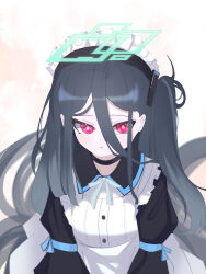 Rule 34 | &lt;key&gt; (blue archive), 1girl, absurdly long hair, absurdres, black hair, black hairband, blue archive, blush, collared shirt, green halo, hair between eyes, hairband, halo, highres, long hair, long hair between eyes, long sleeves, looking at viewer, maid headdress, necktie, open mouth, parted lips, rectangular halo, red eyes, ringed eyes, shirt, side ponytail, simple background, solo, very long hair, white shirt, yangse77