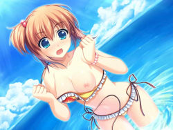 Rule 34 | 1girl, artist request, bikini, blue eyes, breasts, character request, clenched hands, cloud, copyright request, dutch angle, frilled bikini, frills, game cg, nipples, ocean, one breast out, open mouth, orange hair, sky, solo, swimsuit, water, yellow bikini