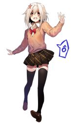 Rule 34 | 1boy, :d, androgynous, bad id, bad twitter id, black thighhighs, bow, bowtie, crossdressing, erubo, flower, hair flower, hair ornament, male focus, mars symbol, open mouth, original, pleated skirt, red bow, red bowtie, school uniform, silver hair, simple background, skirt, smile, solo, spoken mars symbol, thighhighs, trap, unmoving pattern, white background, yohane bonaventura