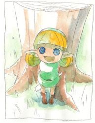 Rule 34 | 1girl, artist request, belt, blonde hair, blue eyes, boots, chibi, fado (ocarina of time), from above, grass, kokiri, nintendo, open mouth, painting (medium), saw, skirt, smile, solo, source request, the legend of zelda, the legend of zelda: ocarina of time, traditional media, tree stump, twintails, watercolor (medium)
