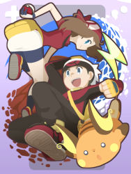 Rule 34 | 1boy, 1girl, :d, :o, arm behind back, arm up, bandana, bike shorts, black pants, black shorts, blue eyes, brendan (pokemon), brown hair, cafe (chuu no ouchi), clenched hand, closed mouth, creatures (company), fanny pack, fingerless gloves, game boy advance, game freak, gen 1 pokemon, gloves, handheld game console, hat, holding, holding poke ball, leg up, long hair, long sleeves, may (pokemon), miniskirt, nintendo, no pupils, open mouth, pants, poke ball, poke ball (basic), poke ball theme, pokemon, pokemon (creature), pokemon rse, raichu, red footwear, red shirt, shirt, shoes, short sleeves, shorts, shorts under skirt, sideways mouth, skirt, smile, teeth, tongue, water, white hat, white skirt, yellow gloves