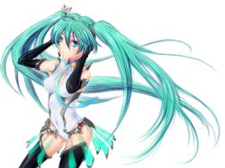 Rule 34 | 1girl, crown, elbow gloves, gloves, goodsmile company, green eyes, green hair, hatenaxx, hatsune miku, hatsune miku (append), headset, long hair, matching hair/eyes, necktie, race queen, racing miku, racing miku (2013), simple background, skirt, solo, thighhighs, twintails, very long hair, vocaloid, vocaloid append, white background