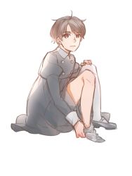 Rule 34 | 10s, 1boy, aldnoah.zero, bad id, bad pixiv id, black dress, brown eyes, brown hair, crossdressing, dress, full body, image sample, kaizuka inaho, long sleeves, looking at viewer, maid, male focus, pixiv sample, puffy long sleeves, puffy sleeves, reammara, shoes, short hair, single shoe, sitting, solo, thighhighs, white background, white thighhighs, wing collar