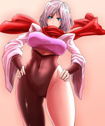 Rule 34 | 1girl, absurdres, asymmetrical clothes, asymmetrical legwear, blue eyes, bodysuit, breasts, cameltoe, covered mouth, covered navel, cowboy shot, female focus, gradient background, hands on own hips, hattori hanzo uruka, highres, large breasts, ninja, red scarf, scarf, short hair, shoulder pads, silver hair, solo, taut clothes, uneven legwear, urujika, wide sleeves, yatagarasu (game)
