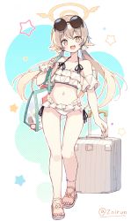 Rule 34 | 1girl, absurdres, bag, bikini, blue archive, breasts, collarbone, commentary, eyewear on head, frilled bikini, frills, full body, hair ornament, halo, hifumi (blue archive), hifumi (swimsuit) (blue archive), highres, light brown hair, long hair, looking at viewer, low twintails, navel, official alternate costume, open mouth, sandals, simple background, small breasts, sunglasses, swimsuit, twintails, twitter username, white bikini, yellow eyes, zoirun