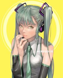 Rule 34 | 1girl, bare shoulders, blouse, breasts, closed mouth, collared shirt, detached sleeves, eyelashes, fingernails, green eyes, green hair, green nails, green necktie, grey shirt, hand up, hatsune miku, headphones, highres, long hair, long sleeves, looking at viewer, medium breasts, microphone, nail polish, necktie, pink lips, realistic, shirt, sleeveless, sleeveless shirt, solo, toma (me666nm), twintails, upper body, vocaloid, wide sleeves, wing collar, yellow background