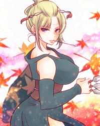 Rule 34 | 1girl, absurdres, asymmetrical sleeves, autumn leaves, black kimono, black sleeves, blonde hair, breasts, cleavage, collarbone, detached sleeves, facial scar, from side, gintama, hair ornament, highres, holding, japanese clothes, kimono, large breasts, leaf, long sleeves, looking at viewer, maple leaf, mouth hold, obi, paleatus, purple eyes, sash, scar, scar on cheek, scar on face, short hair, sleeveless, sleeveless kimono, solo, standing, tsukuyo (gintama), uneven sleeves, white background