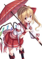 Rule 34 | 1girl, :d, absurdres, aged up, alternate costume, blonde hair, blush, flandre scarlet, gurasion (gurasion), highres, holding, looking at viewer, open mouth, red eyes, side ponytail, skirt, smile, solo, touhou, umbrella, white background, wings