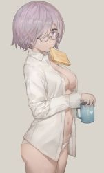 Rule 34 | 1girl, absurdres, beige background, bow, bow panties, bread slice, breasts, collared shirt, cowboy shot, cup, dress shirt, fate/grand order, fate (series), food, food in mouth, free style (yohan1754), from side, glasses, hair over one eye, heart, highres, holding, holding cup, long sleeves, looking at viewer, mash kyrielight, medium breasts, mouth hold, mug, navel, no bra, no pants, one eye covered, open clothes, open shirt, panties, purple bow, purple eyes, purple hair, semi-rimless eyewear, shirt, short hair, solo, toast, toast in mouth, under-rim eyewear, underwear, white panties, white shirt