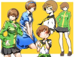 Rule 34 | 1girl, bike shorts, blush, breasts, brown eyes, brown hair, closed mouth, cosplay, glasses, highres, jacket, kuma (persona 4), kuma (persona 4) (cosplay), loafers, looking at viewer, maid, nakano maru, open mouth, persona, persona 4, satonaka chie, shoes, short hair, simple background, skirt, smile, socks, solo, track jacket