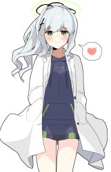 Rule 34 | 1girl, absurdres, blue archive, blue jacket, blue shorts, blush, cross hair ornament, hair intakes, hair ornament, halo, hare (blue archive), highres, jacket, lab coat, long hair, looking at viewer, shorts, simple background, thighs, wavy hair, white background
