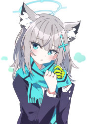 Rule 34 | 1girl, animal ear fluff, animal ears, black jacket, blue archive, blue eyes, blue halo, blue scarf, bright pupils, commentary, cross hair ornament, gloves, green gloves, grey hair, hair ornament, halo, ixy, jacket, looking at viewer, medium hair, mismatched pupils, scarf, shiroko (blue archive), simple background, single glove, solo, upper body, white background, white pupils