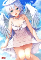 Rule 34 | 1girl, angel, angel wings, bare arms, bare shoulders, breasts, clothes lift, dokyuu hentai hxeros, dress, green eyes, halo, long hair, looking at viewer, medium breasts, official art, open mouth, ryouma (galley), skirt, skirt lift, solo, white dress, white hair, white wings, wings