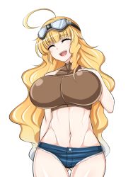 Rule 34 | 1girl, ass, blonde hair, blush, bra, breasts, coco ankou, goggles, long hair, open mouth, shorts, smile, underwear